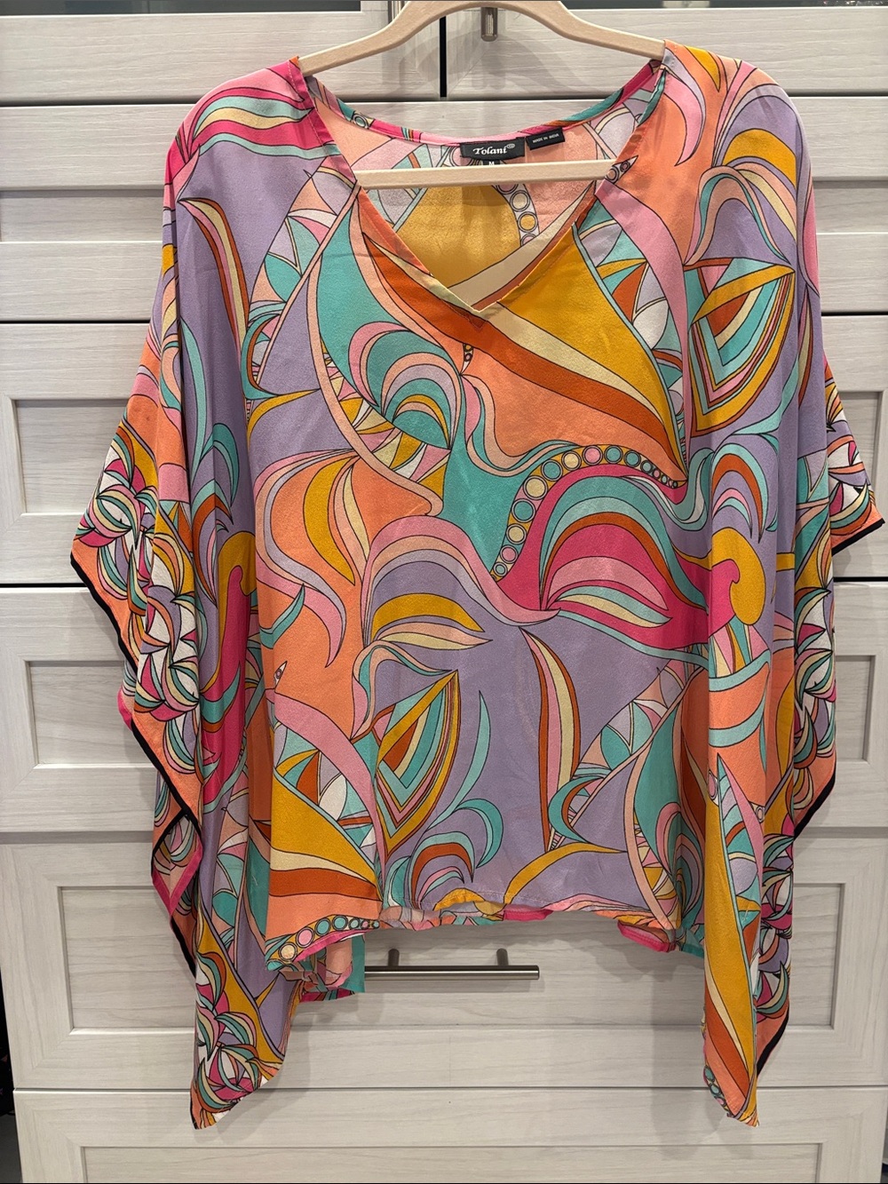 Tolani Multicolor silk Swirl Print V-Neck Tunic — Lavender, Coral, Teal, Mustard